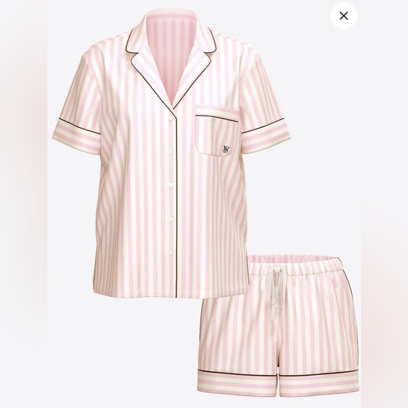 VICTORIA'S SECRET - Glazed Satin Short Pajama Set - PINK ICONIC STRIPES - NEW - Picture 1 of 5